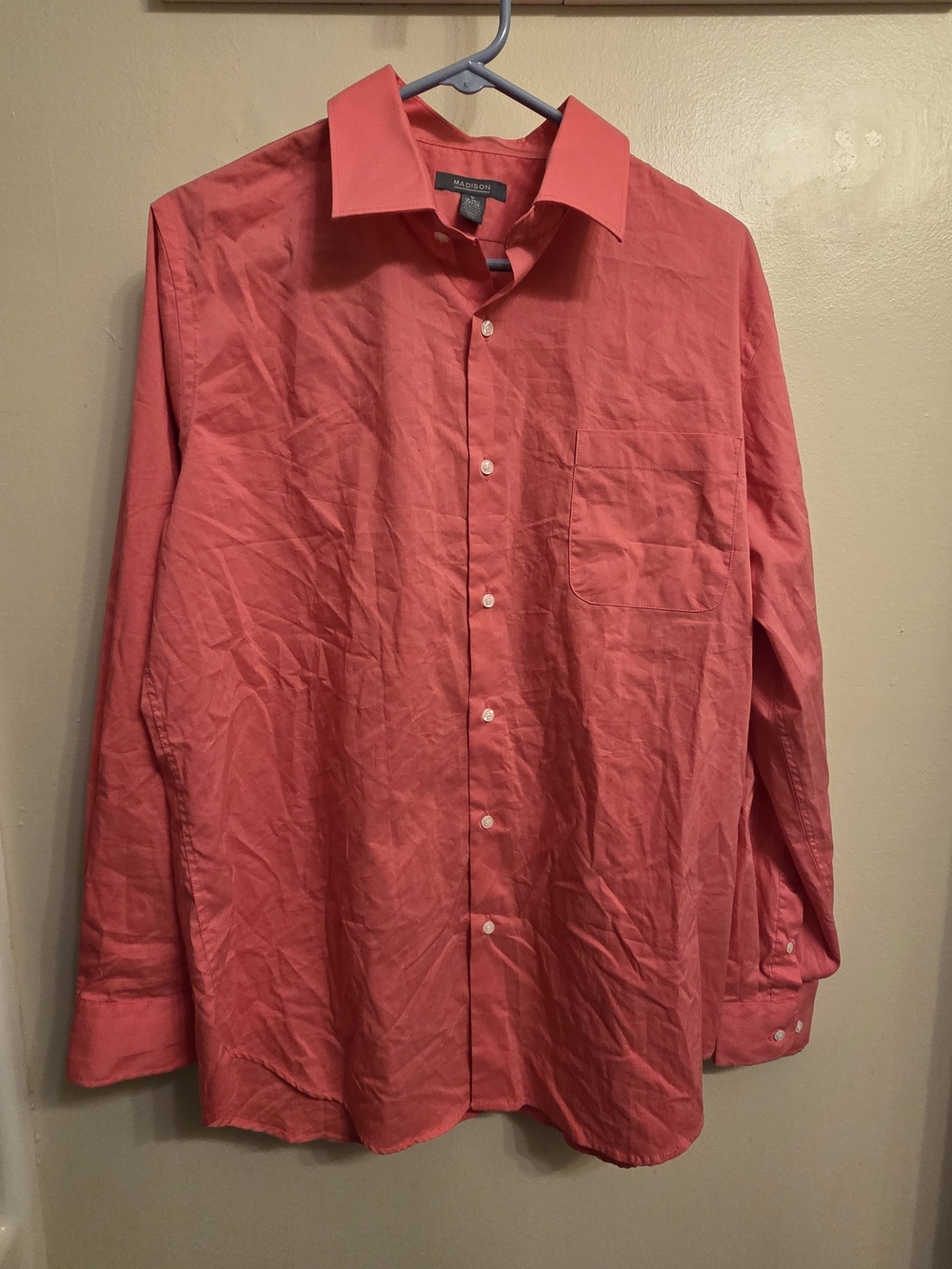 Madison Mens L Preppy Button Down Shirt Long Sleeve Solid Pink Stretch Casual